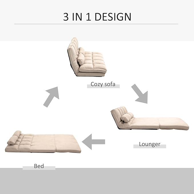 Convertible floor sofa chair, folding sofa bed, guest lounge chair with 2 pillows, adjustable backrest and headrest, 40.25 inches long, beige
