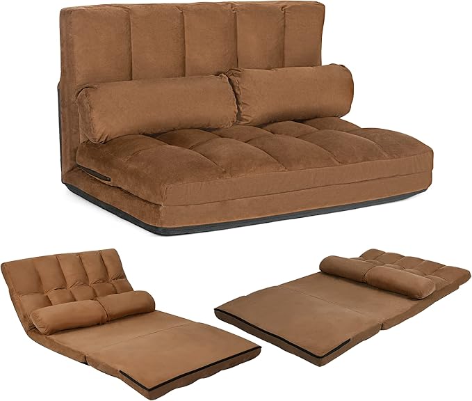 Adjustable floor sofa bed, foldable lazy sofa bed, with 6 backrests and 2 pillows, convertible cushion sofa bed, with suede fabric cover, living room recliner (coffee)