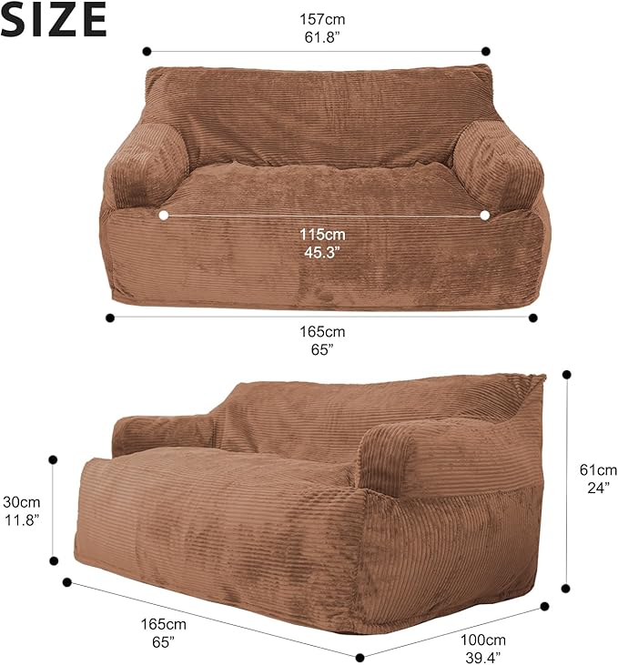 Bean bag sofa, foam-filled floor sofa, including detachable and machine-washable bed covers, brown