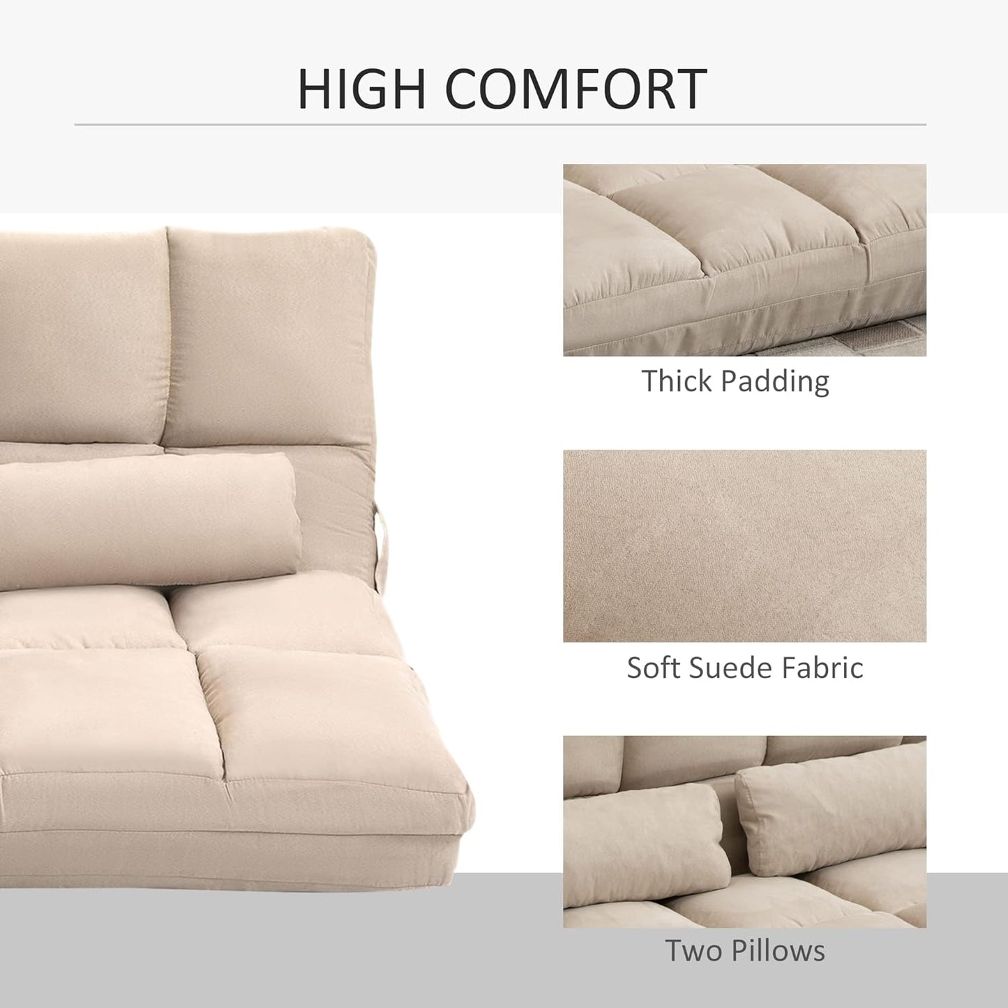 Convertible floor sofa chair, folding sofa bed, guest lounge chair with 2 pillows, adjustable backrest and headrest, 40.25 inches long, beige