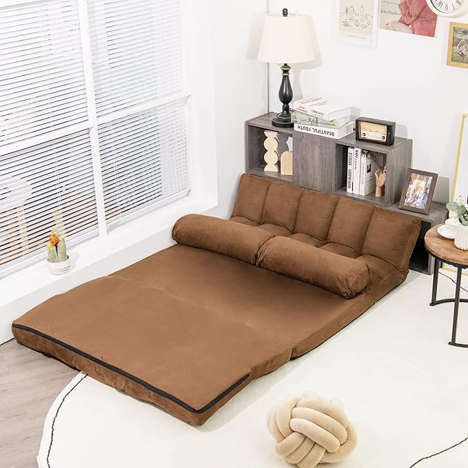Adjustable floor sofa bed, foldable lazy sofa bed, with 6 backrests and 2 pillows, convertible cushion sofa bed, with suede fabric cover, living room recliner (coffee)