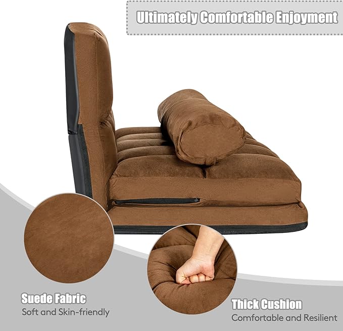 Adjustable floor sofa bed, foldable lazy sofa bed, with 6 backrests and 2 pillows, convertible cushion sofa bed, with suede fabric cover, living room recliner (coffee)