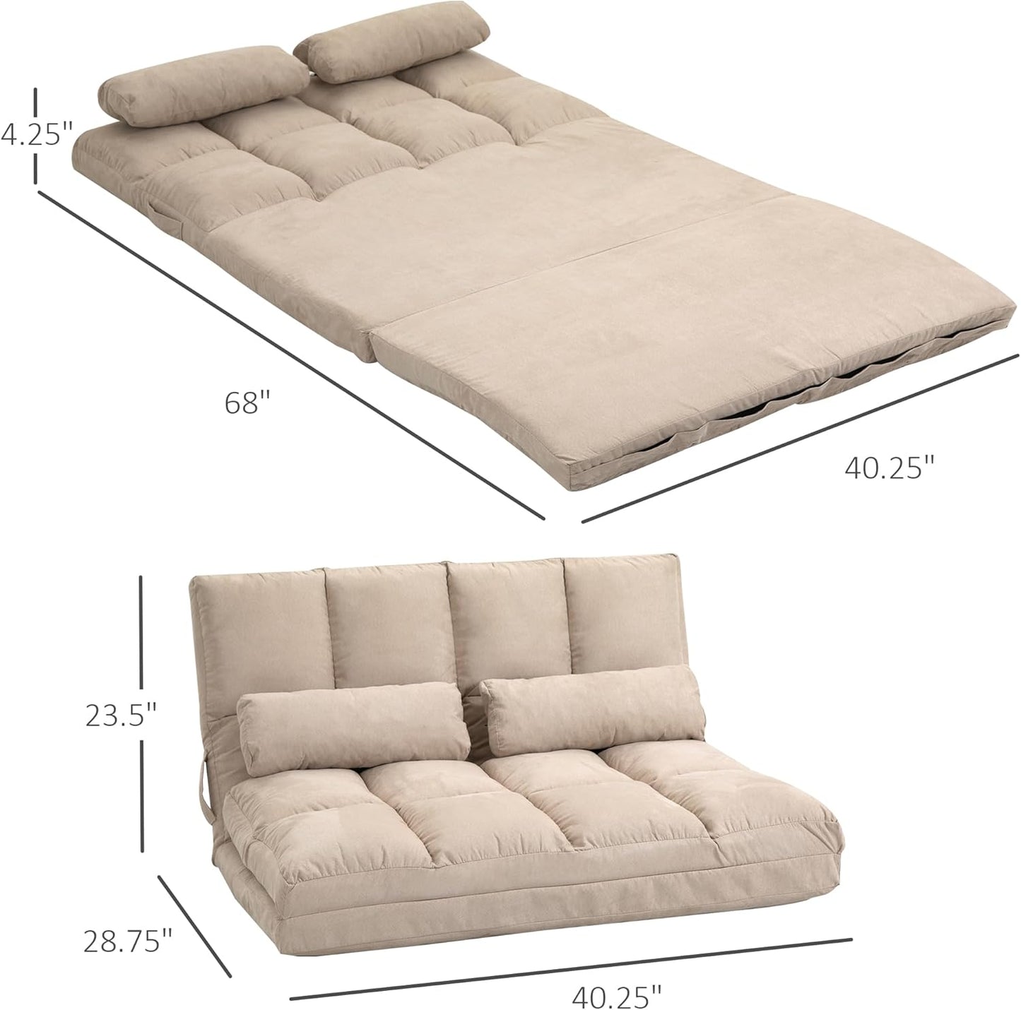 Convertible floor sofa chair, folding sofa bed, guest lounge chair with 2 pillows, adjustable backrest and headrest, 40.25 inches long, beige