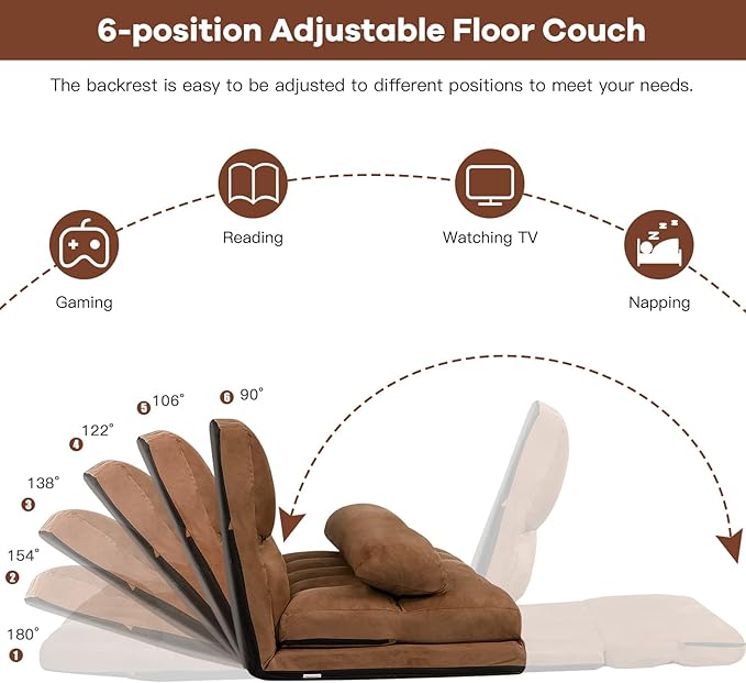 Adjustable floor sofa bed, foldable lazy sofa bed, with 6 backrests and 2 pillows, convertible cushion sofa bed, with suede fabric cover, living room recliner (coffee)