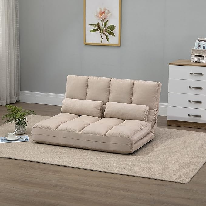Convertible floor sofa chair, folding sofa bed, guest lounge chair with 2 pillows, adjustable backrest and headrest, 40.25 inches long, beige