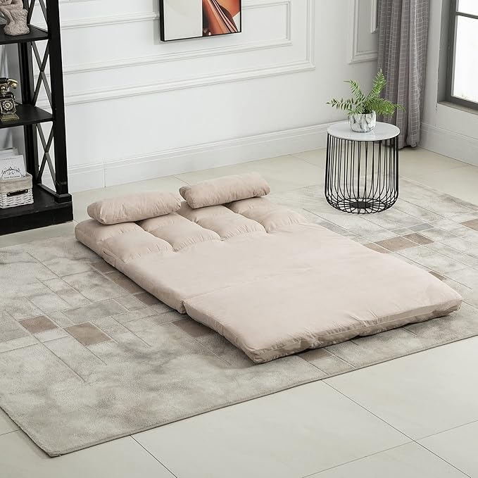 Convertible floor sofa chair, folding sofa bed, guest lounge chair with 2 pillows, adjustable backrest and headrest, 40.25 inches long, beige